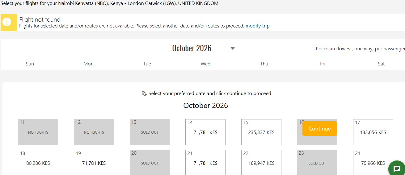 Ethiopian Airlines booking calendar for one-way flights from Nairobi (NBO) to London Gatwick (LGW) in October 2026, showing available fares starting from approximately KES 71,781 on select dates, with some dates sold out or unavailable.