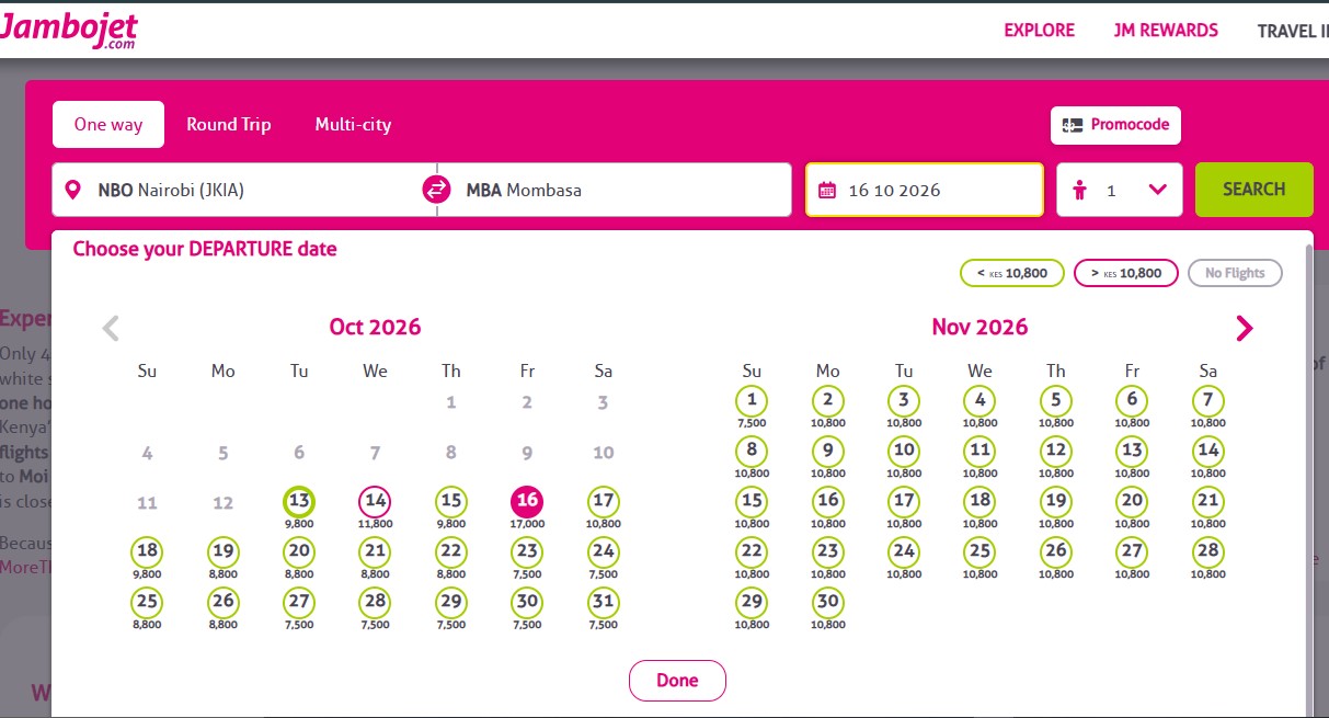 Jambojet website calendar displaying one-way flight fares from Nairobi JKIA to Mombasa for October and November 2026, with the date 16 October 2026 selected.