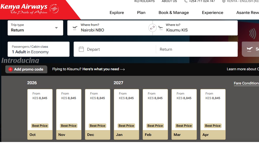Kenya Airways website screenshot displaying return flight fares from Nairobi to Kisumu starting at KES 8,845 for multiple months in 2026 and 2027.