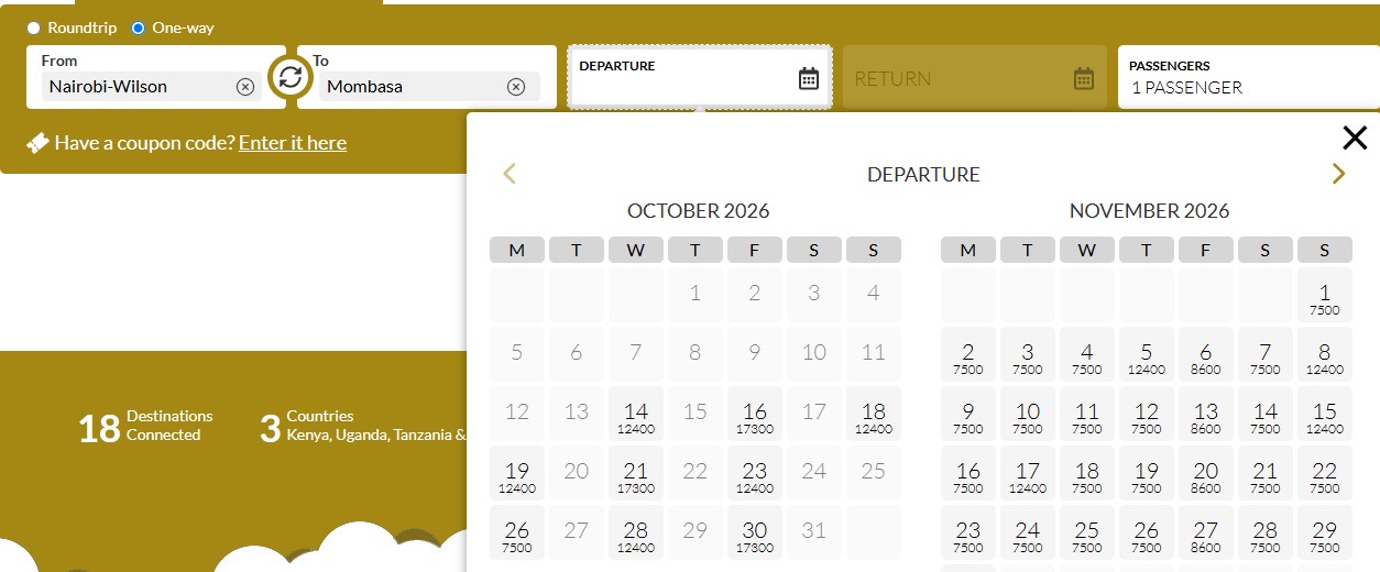 Safarilink booking calendar showing one-way fares from Nairobi-Wilson to Mombasa for October and November 2026, with prices ranging from KES 7,500 to KES 17,300 depending on the departure date.