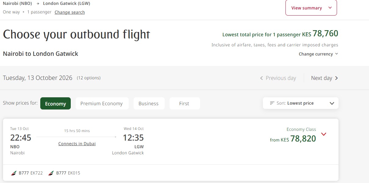 Emirates booking page showing one-way economy fares from Nairobi (NBO) to London Gatwick (LGW) for 13 October 2026, with the lowest total price from KES 78,760 (via Dubai connection on Boeing 777 aircraft).