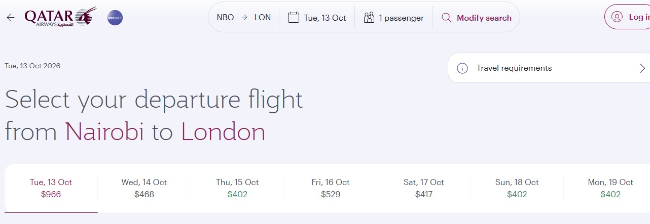 Qatar Airways booking page showing one-way fares from Nairobi (NBO) to London for mid-October 2026, with prices ranging from USD 402 to USD 966 depending on the departure date.