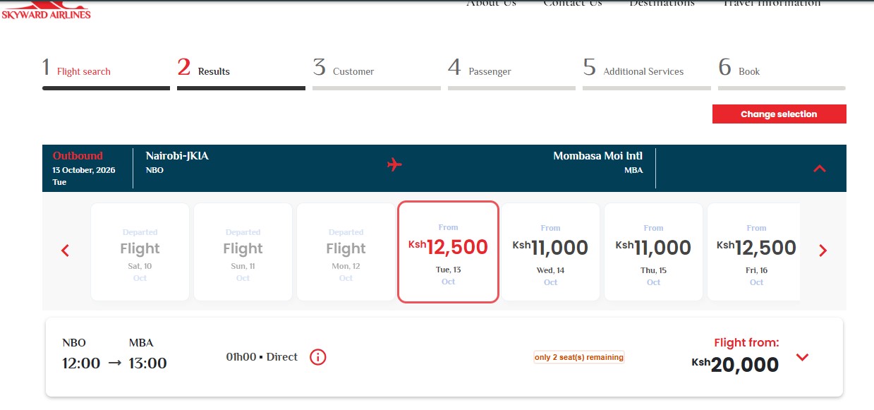 Skyward Airlines booking results showing one-way fares from Nairobi (JKIA) to Mombasa for mid-October 2026, with prices starting from Ksh 11,000 and a selected flight on 13 October priced from Ksh 12,500 (direct, 1-hour flight).