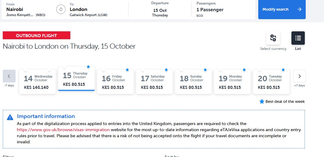 Turkish Airlines booking page showing one-way economy fares from Nairobi (NBO) to London Gatwick (LGW) for mid-October 2026, with prices starting from KES 80,515 on several dates (best deals marked) and a higher fare of KES 146,140 on 14 October.