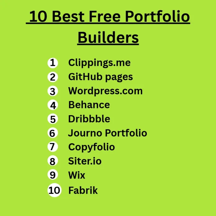 10 Best Free Portfolio Builders List of the 10 best free portfolio website builders including Clippings.me, GitHub Pages, WordPress.com, Behance, Dribbble, Journo Portfolio, Copyfolio, Siter.io, Wix and Fabrik
