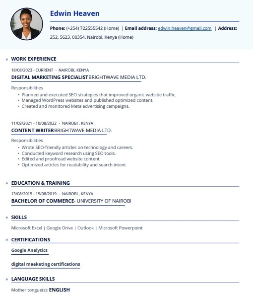 resume created using Europass