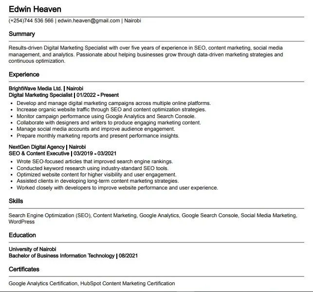 CV made by esume.com-best free resume builders